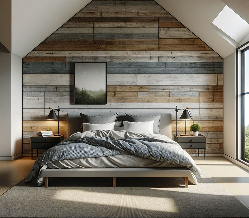 Dormitorio contemporáneo con pared de madera con un gran ventanal