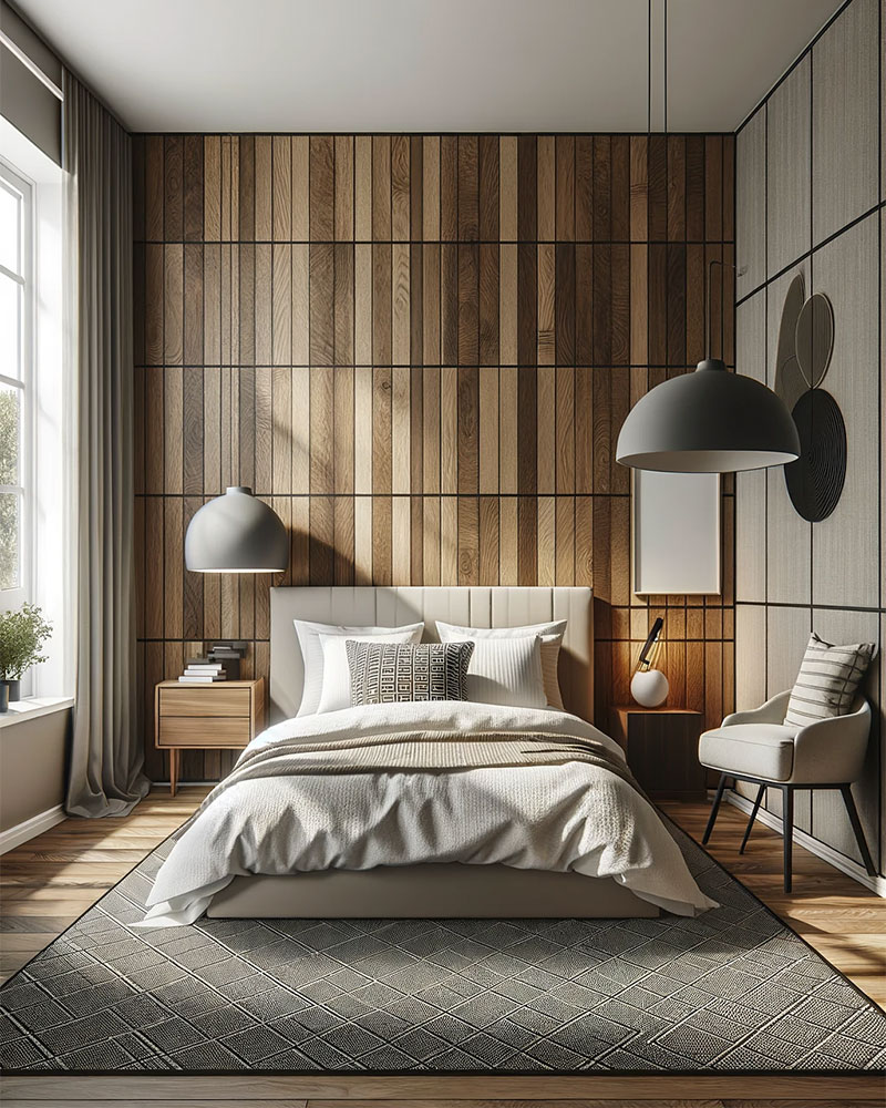 Un dormitorio con pared de madera reciclada moderno y sofisticado