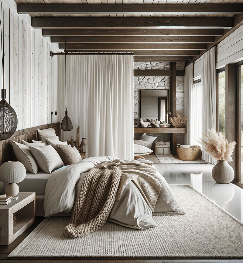 Dormitorio rústico con vigas de madera y alfombra