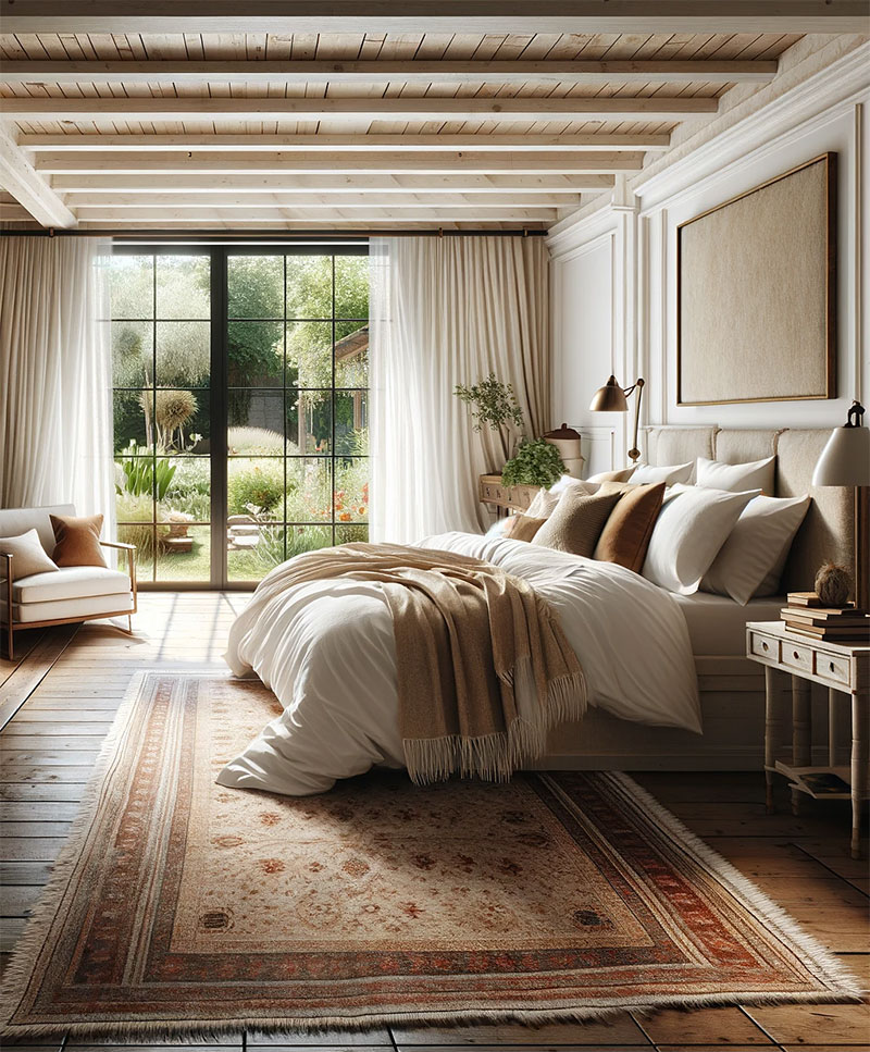 Dormitorio rústico fusión de naturaleza y confort con una alfombra y grandes ventanales