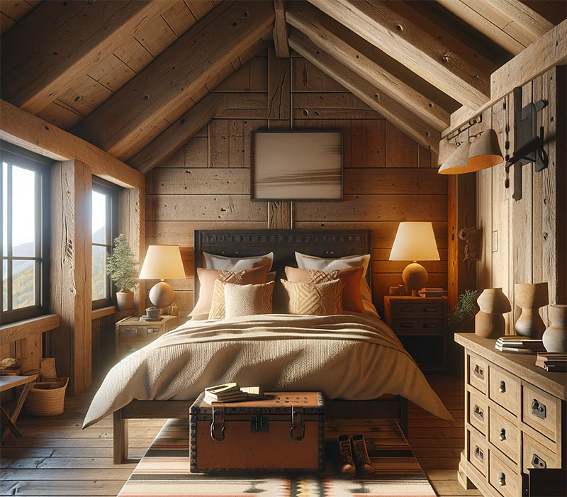 Dormitorio rústico de madera tipo cabaña con una alfombra