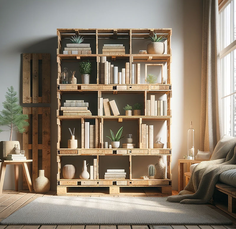 Estantería del salón hecha con palets de madera