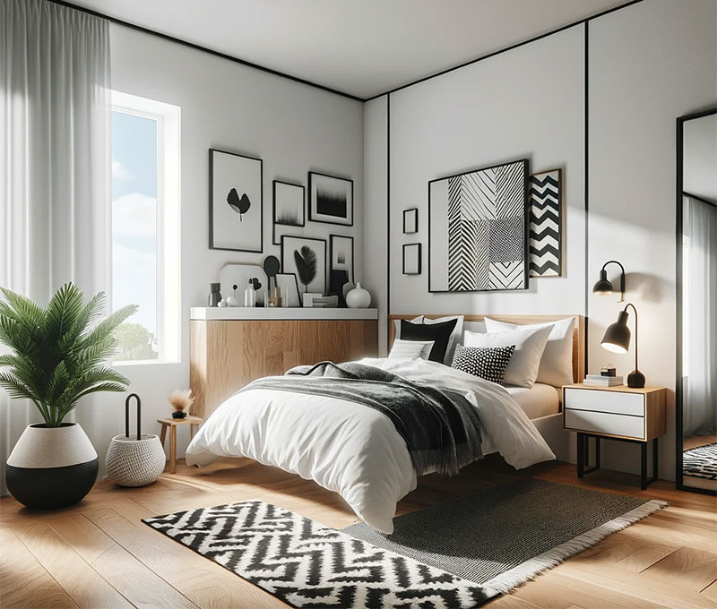 Habitación en blanco negro y madera con cuadros, una planta y alfombras