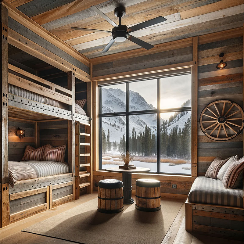 Habitación de un hotel de montaña con camas tipo literas rústicas de madera