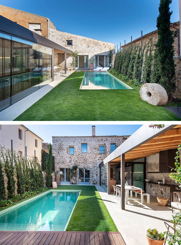 Jardín con piscina en una casa antigua remodelada
