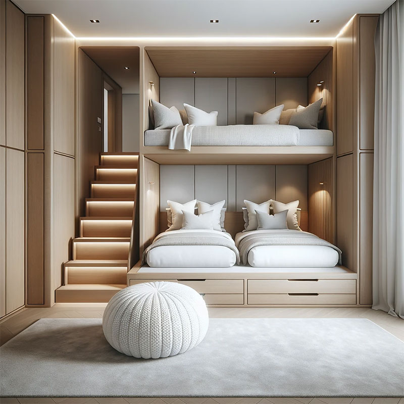 Literas integradas a medida en un dormitorio de estilo minimalista