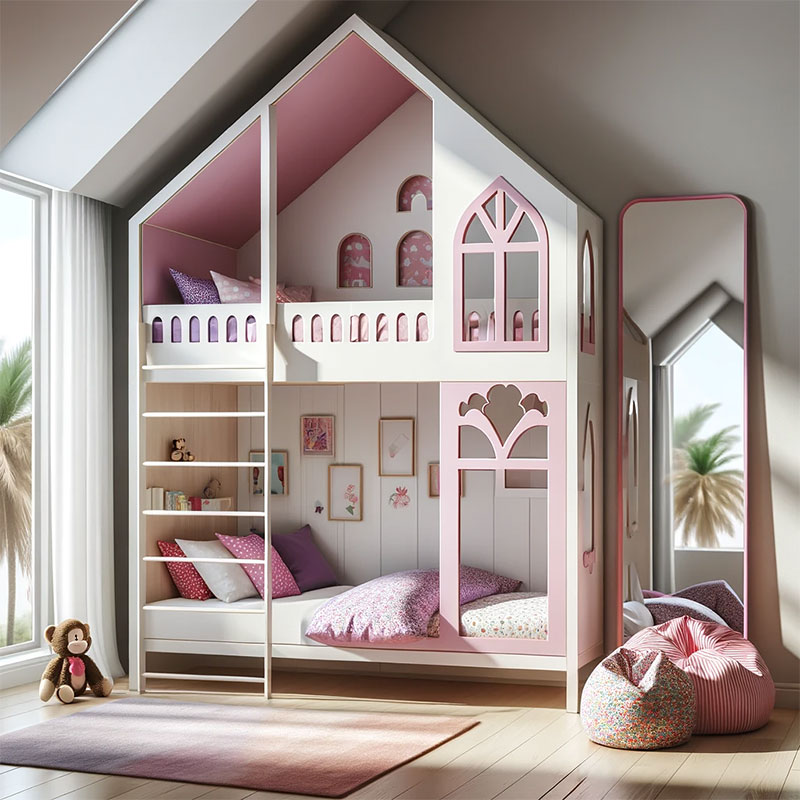 Literas con forma de casa de muñecas en un dormitorio infantil