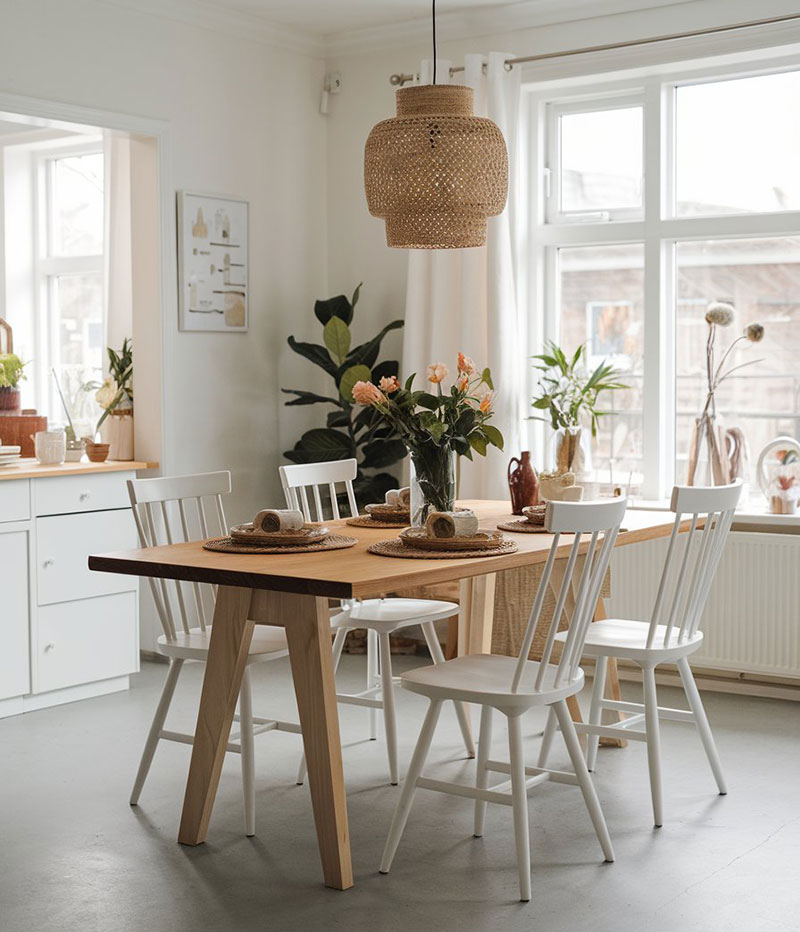 Mesa de comedor de madera con sillas blancas, lámpara colgante, suelo de microcemento y decoración escandinava acogedora