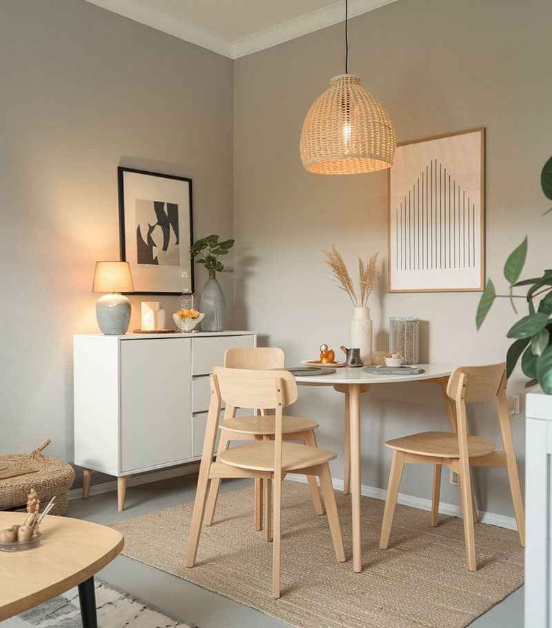 Mesa para un comedor pequeño estilo nórdico moderno con lámpara alfombra mueble de comedor