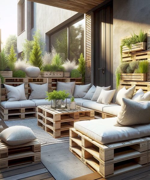 Muebles hechos con palets de madera en una terraza exterior