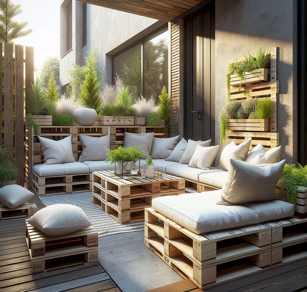 Muebles hechos con palets de madera en una terraza exterior