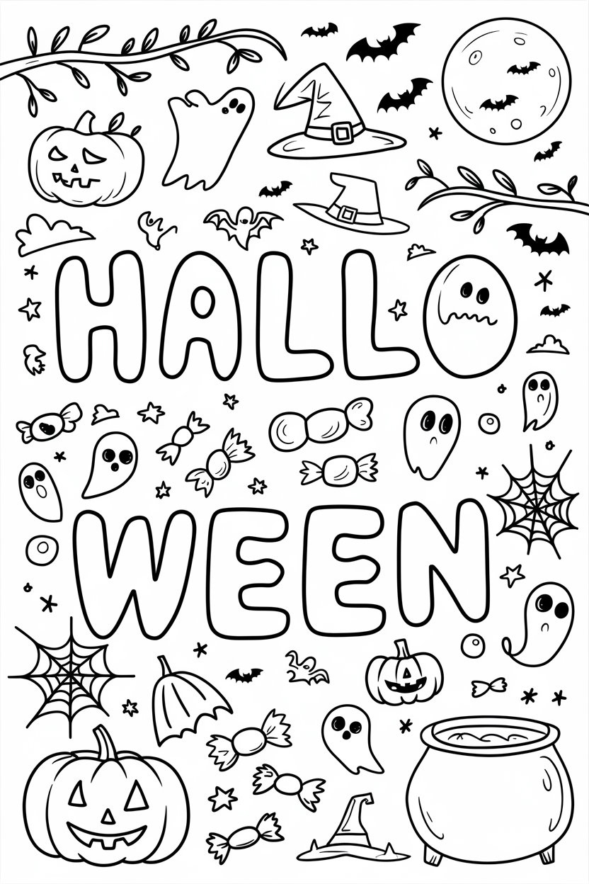 Dibujo en blanco y negro para imprimir y colorear en Hallowen