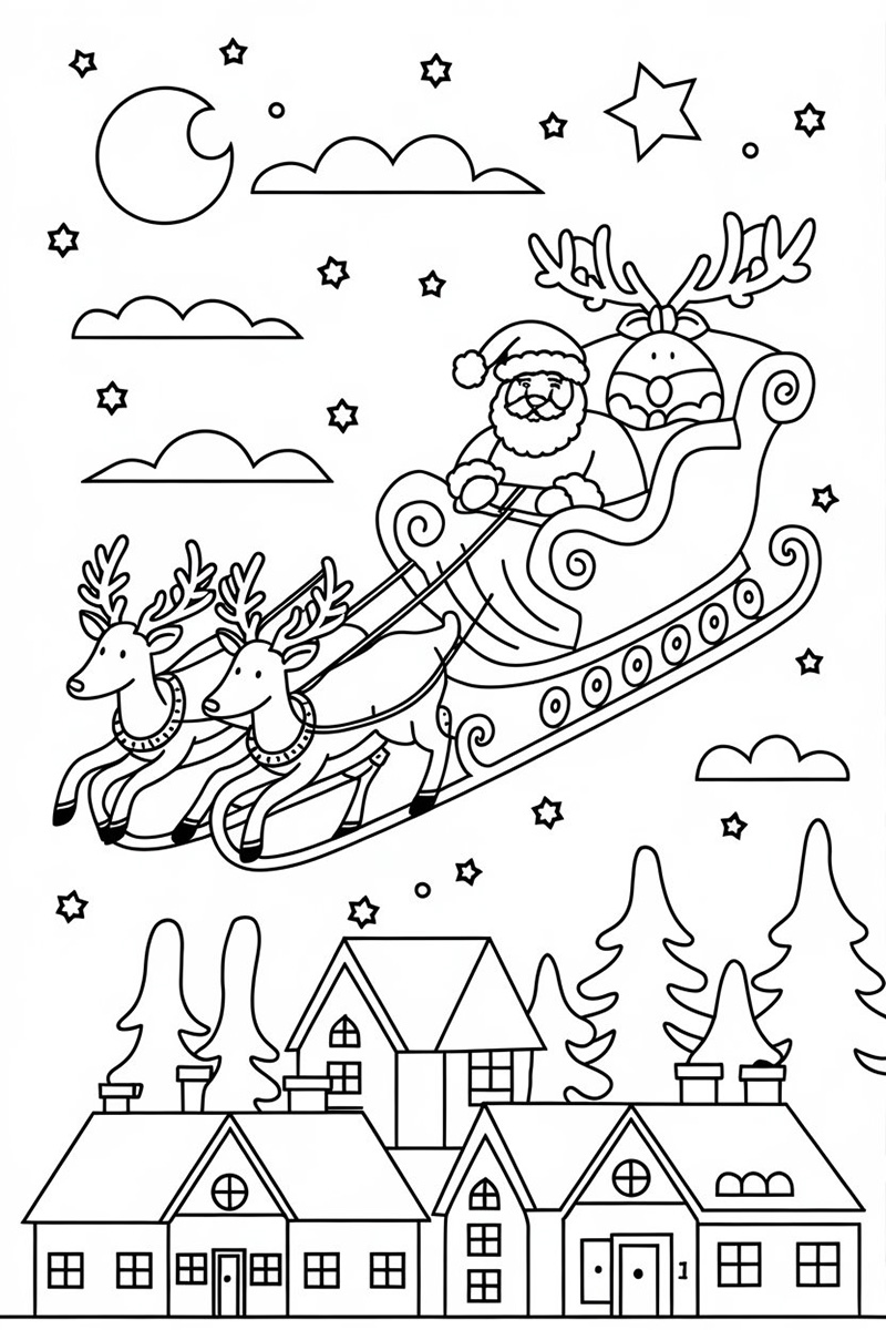 Páginas de Navidad para imprimir y colorear con niños. Papá Noel en su trineo.
