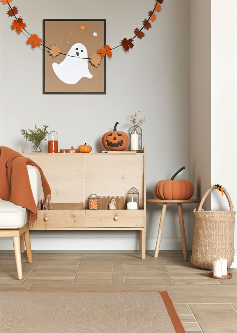 Recibidor decorado para Halloween con calabazas y fantasmas