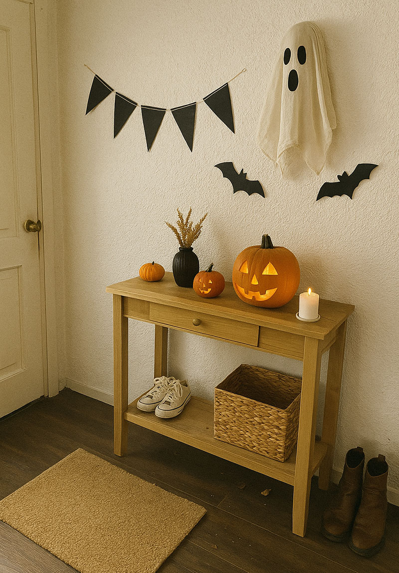 Recibidor pequeño decorado de Halloween con calabazas y fantasmas