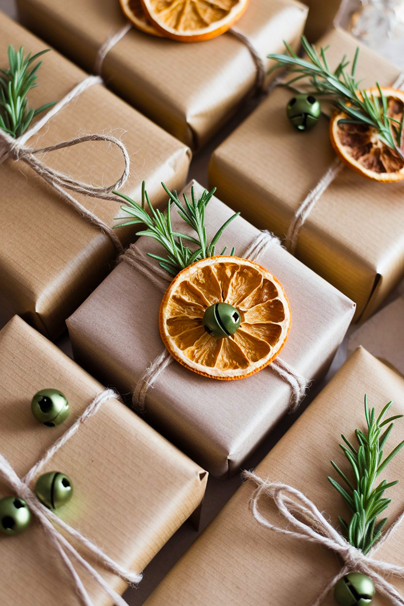 Regalos navideños adornados con una rodaja de naranja deshidratada