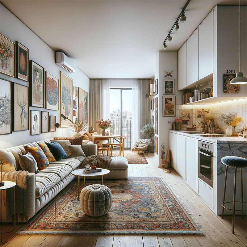 Un salón comedor abierto a la cocina estilo ecléctico con cuadros y alfombra vintage