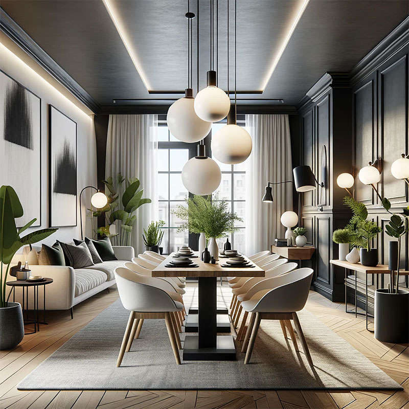 Salón comedor blanco y negro iluminado con lámparas