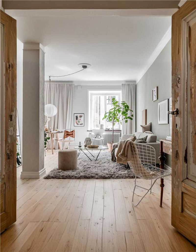 Salón comedor nórdico escandinavo con alfombra