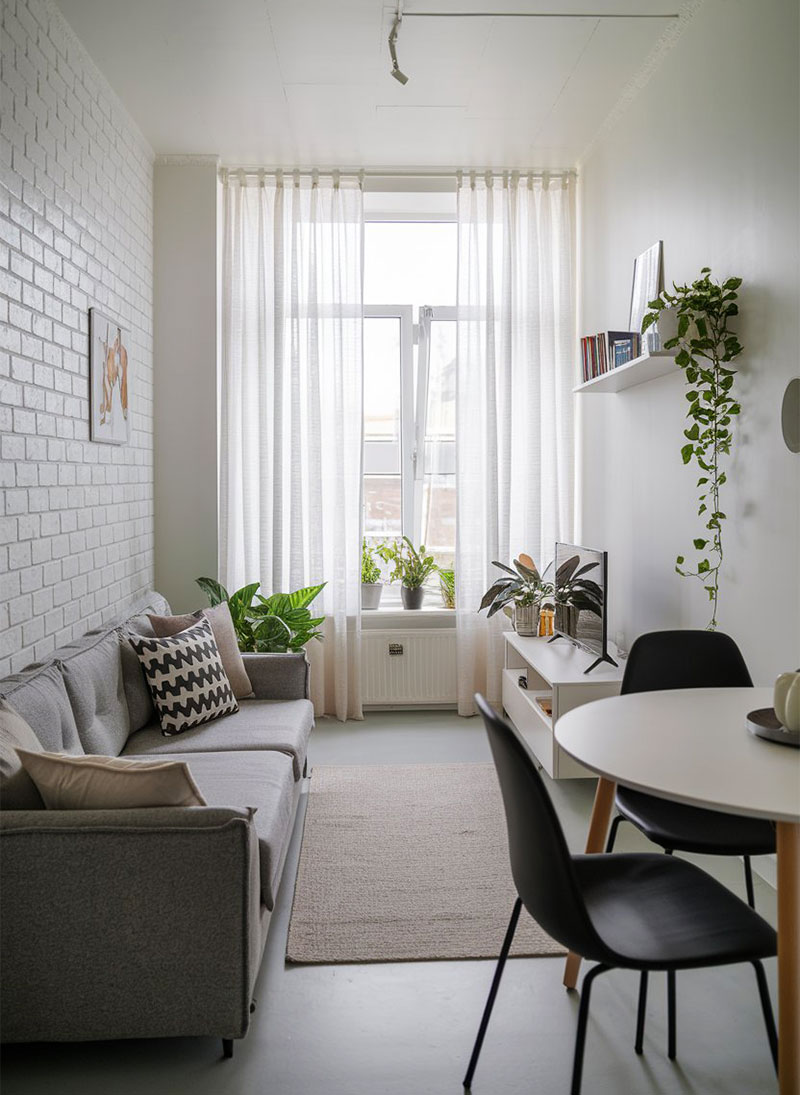 Salón comedor rectangular pequeño y sencillo con una mesa de comedor redonda