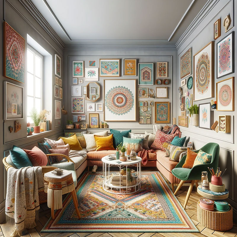 Salón cuadrado pequeño de estilo ecléctico con cuadros, mesa central y alfombra