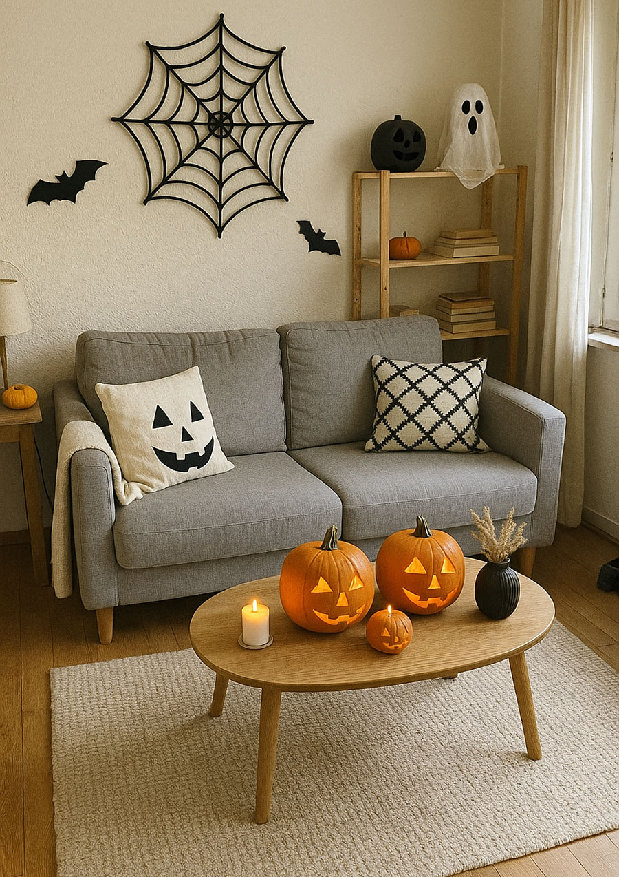 Un salón decorado para Halloween con calabazas y murciélagos