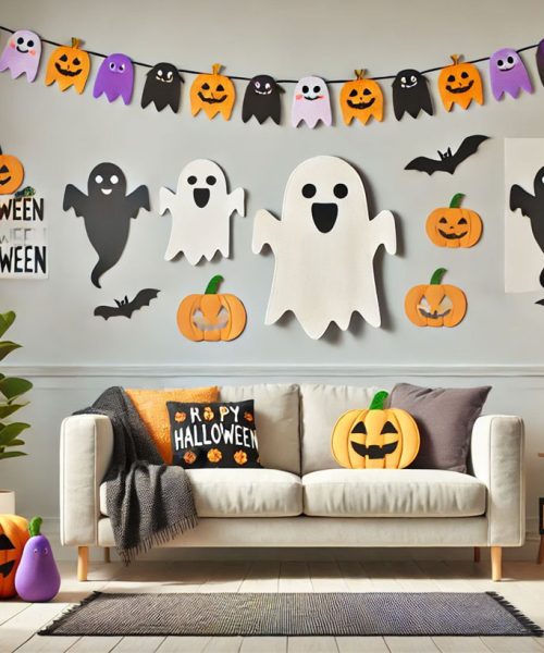 Salón decorado para Halloween con imprimibles y recortables de fantasmas y calabazas