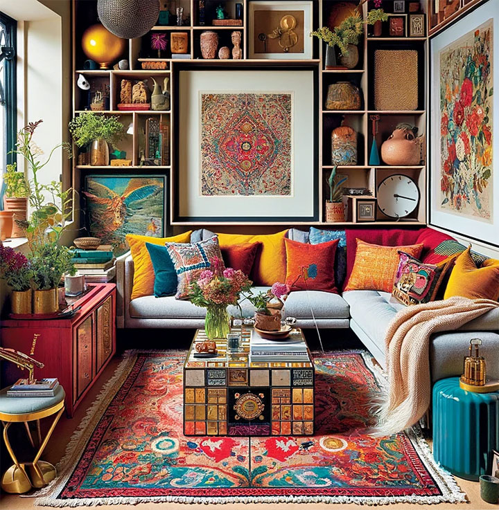 Un salón ecléctico cuadrado con una alfombra y estantes con libros