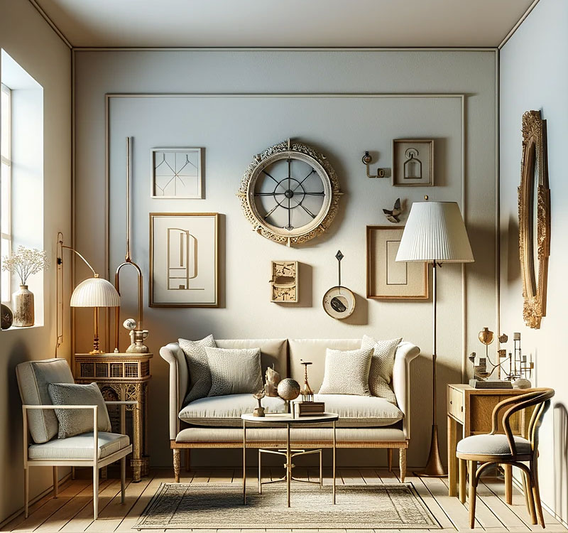 Un salón ecléctico pequeño y cuadrado con decoración simétrica