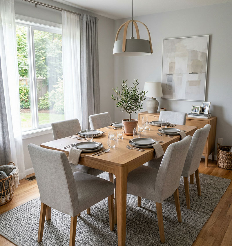 Salón elegante color gris combinado con madera, una alfombra y un gran ventanal