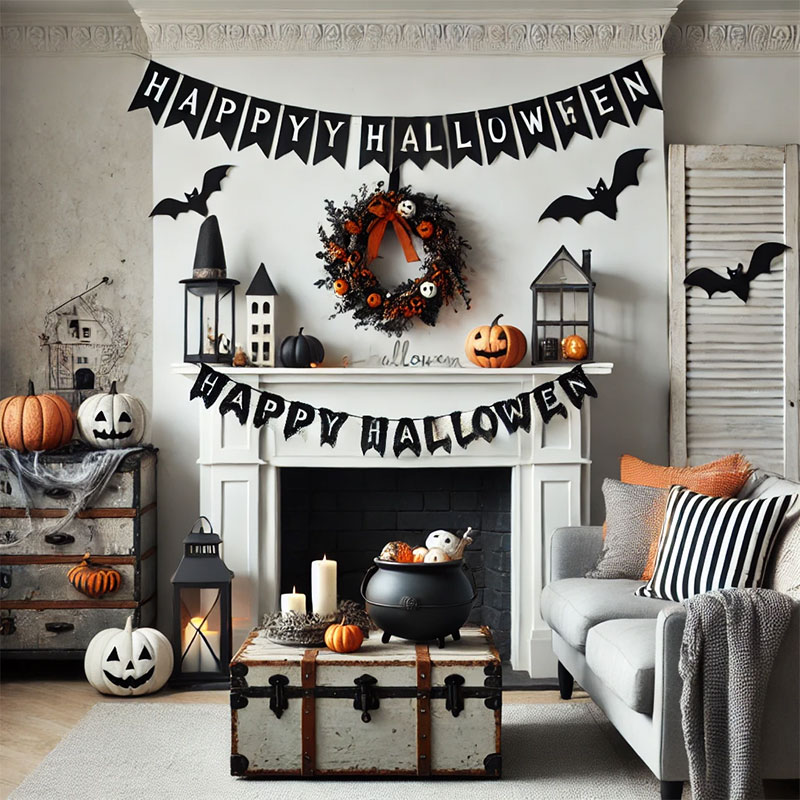 Salón de Halloween aterrador estilo vintage con calabazas y murciélagos