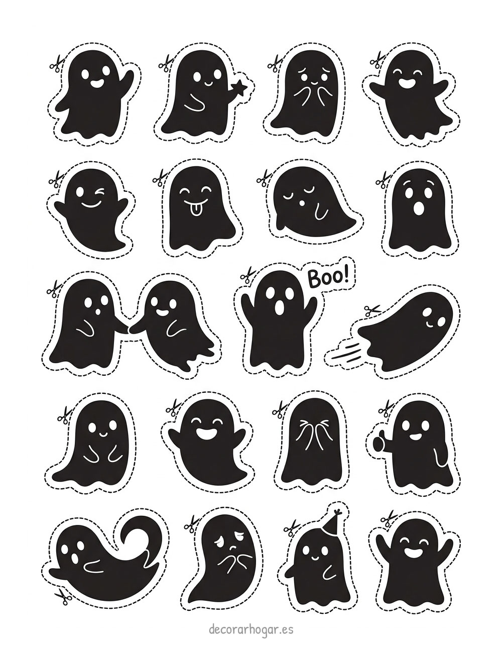 Siluetas de muchos fantasmas de Halloween para imprimir y recortar