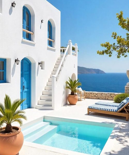 Una piscina pequeña en una villa mediterránea color blanco y azul con vistas al mar